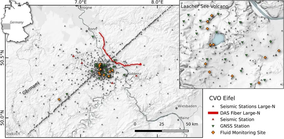 Fig 6. Layout of the Eifel Large-N experiment in the CVO Eifel region from 2022-2023