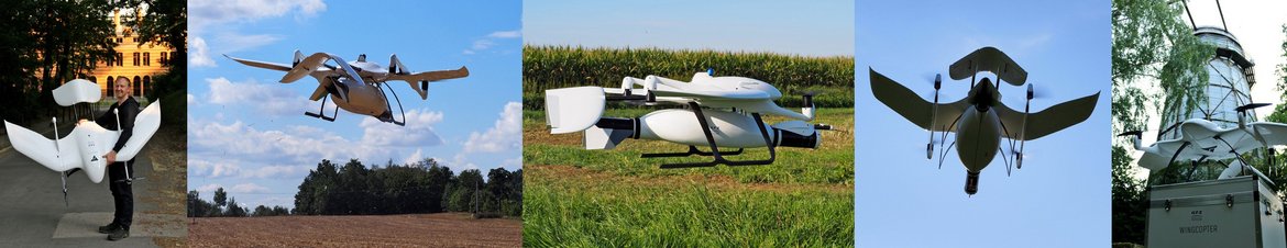 Tilt-rotor propelled vertical take-off fixed-wing UAV "Wingcopter 178 Heavy Lift" on ground respectively during test and measurement flights with sensors to determine greenhouse gas exchange between earth and atmosphere (GFZ)